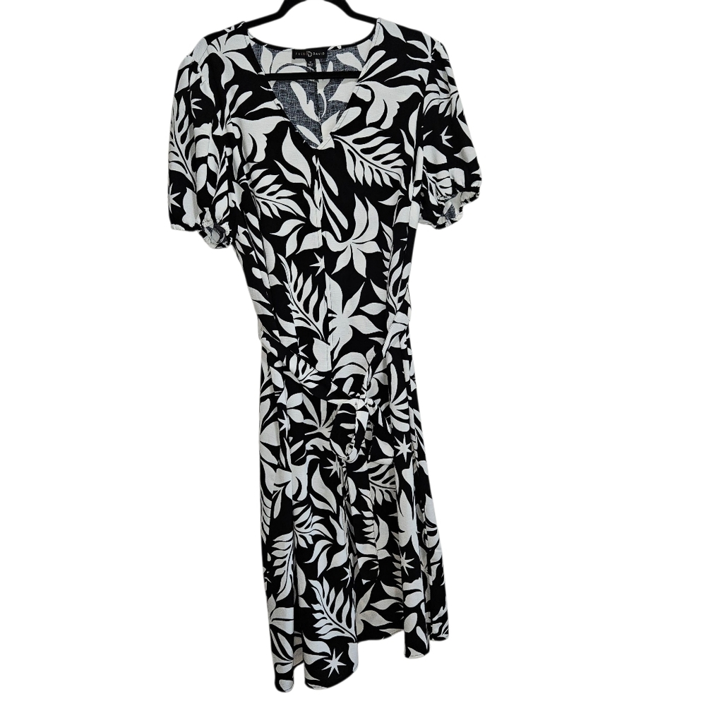 Fred David Dress Womens Plus Size 1X Black White Leaf Print Dress Self Tie Belt